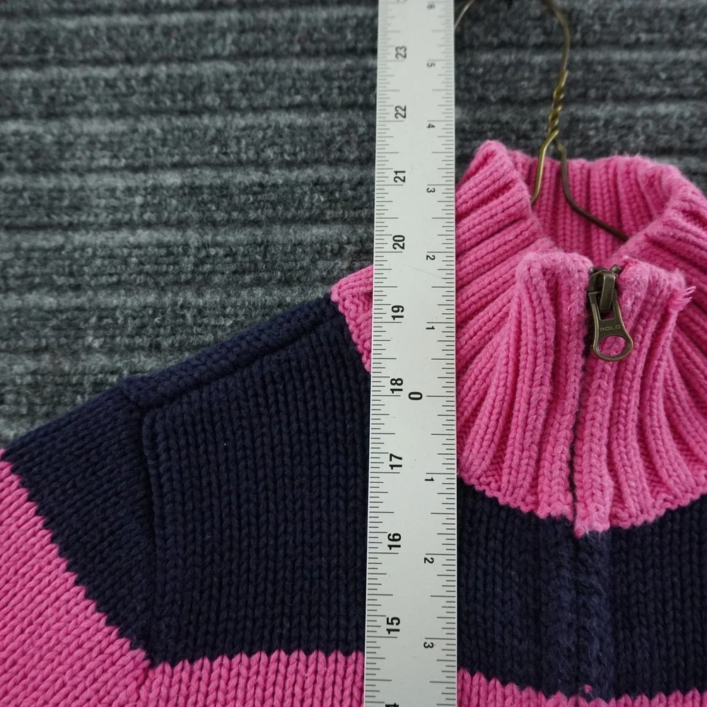 Ralph Lauren Zip Up Sweater Girls Large 12/14 Pink Navy Striped Knit Pony